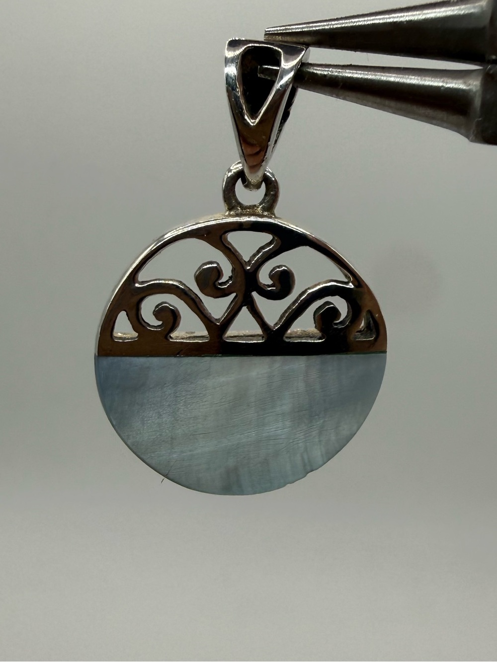 925 Sterling Silver Mother of Pearl Scroll Pendant 1 1/8”